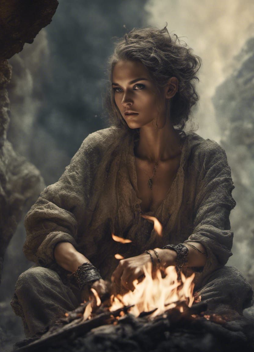 Troglodyte Supermodel Campfire: Elegant Fantasy Concept Art