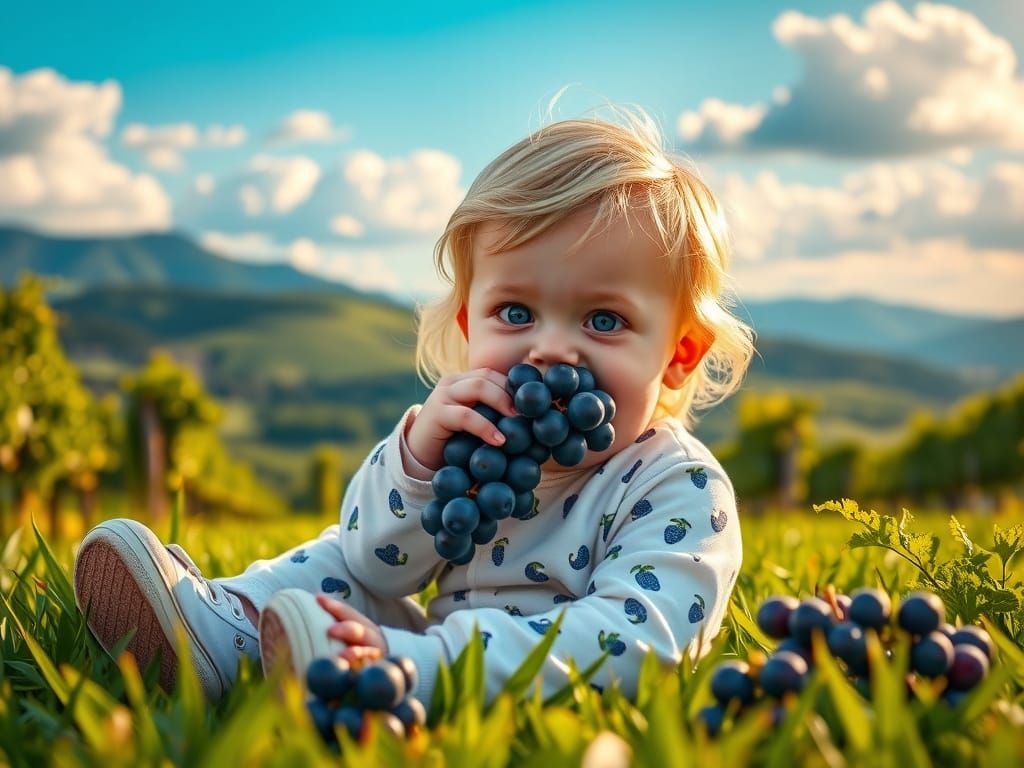 Whimsical Toddler Surrounded by Lush Vineyard Landscape