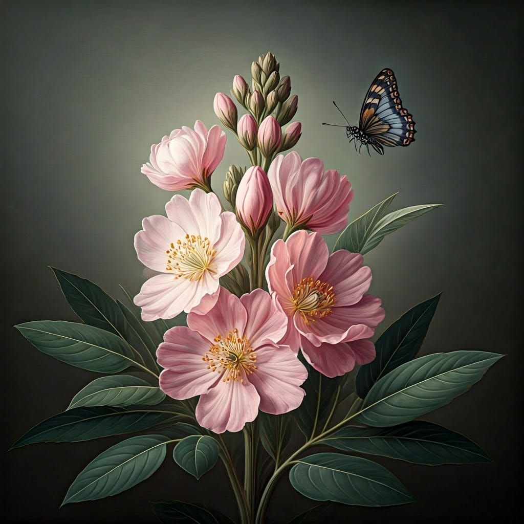 Baroque Pink Peony with Butterfly and Gold Accents