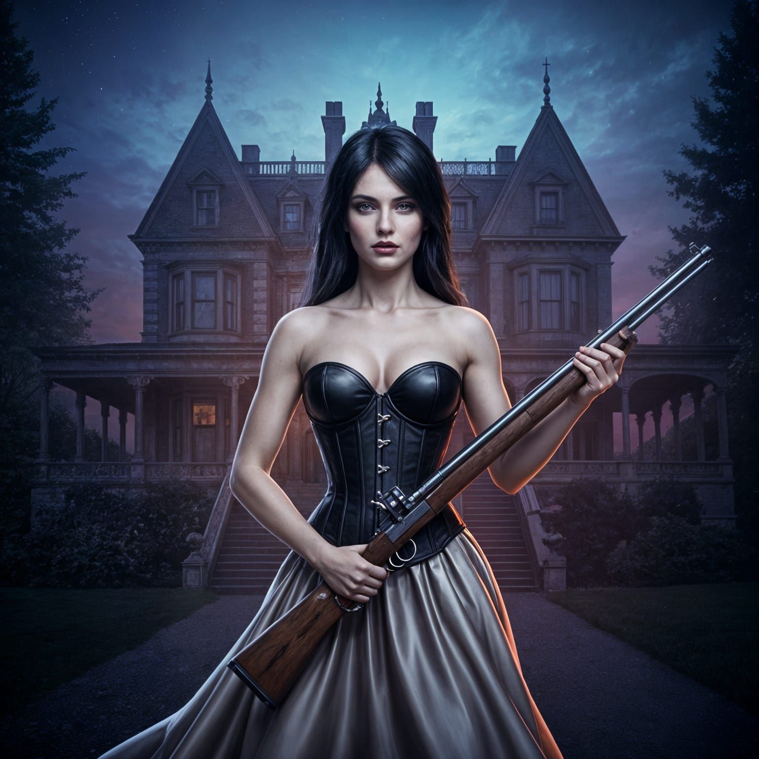 Gothic Lady with Rifle Before Victorian Mansion