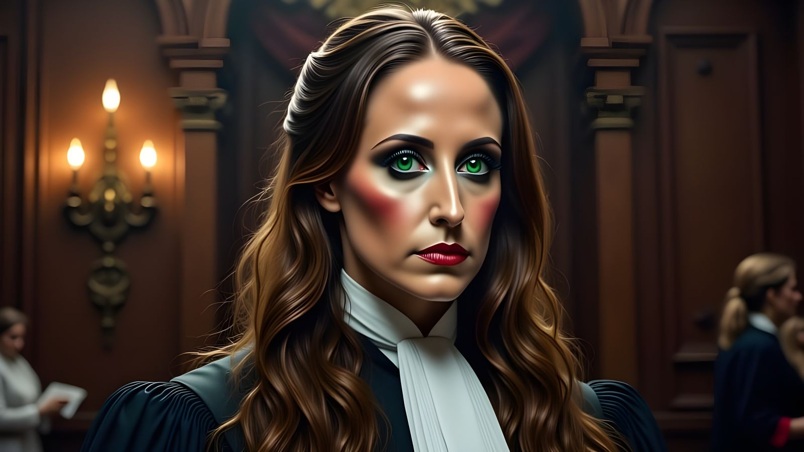 A Regal Female Judge in a Dimly Lit Courtroom