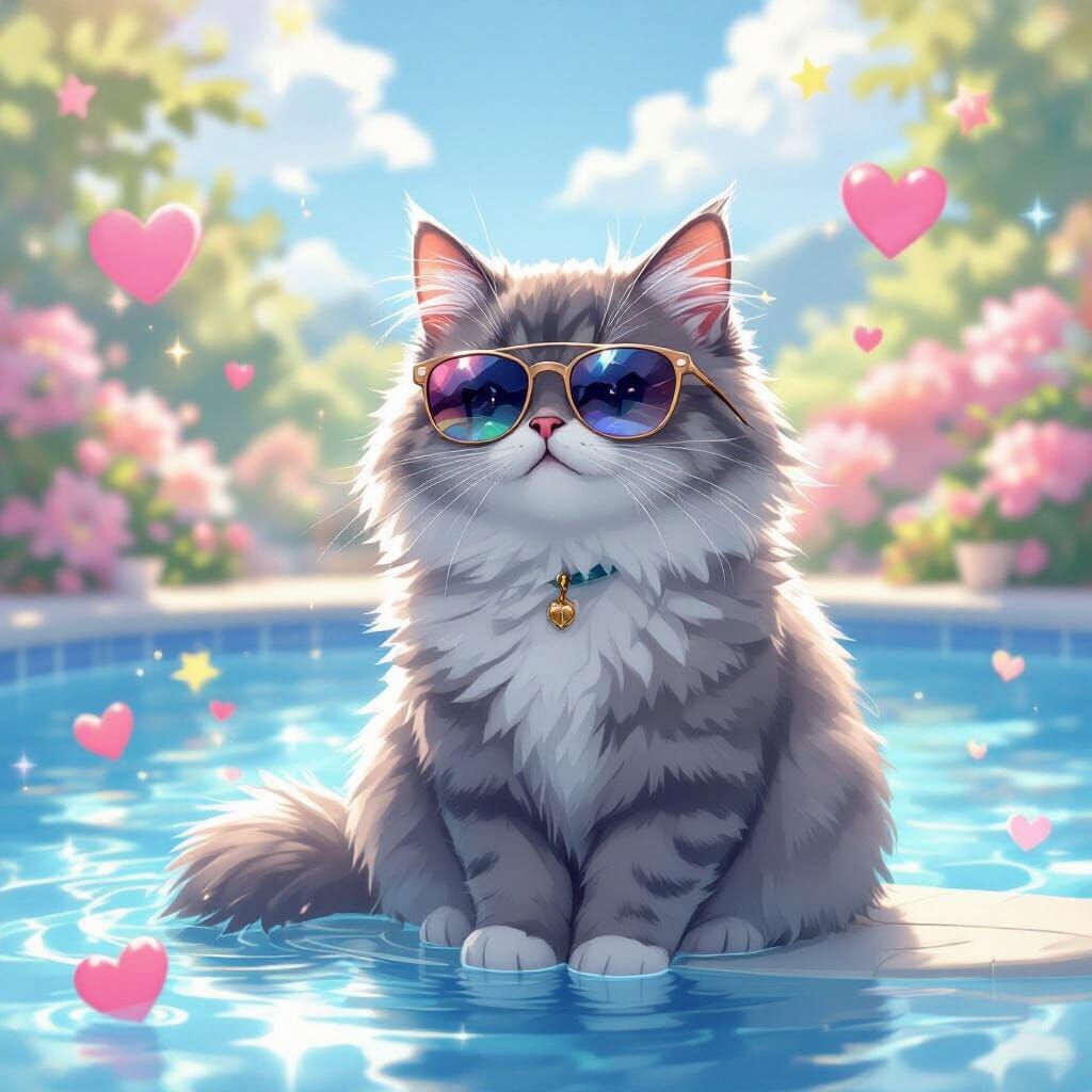 Fluffy Cat in Sunglasses by Pool in Anime Style