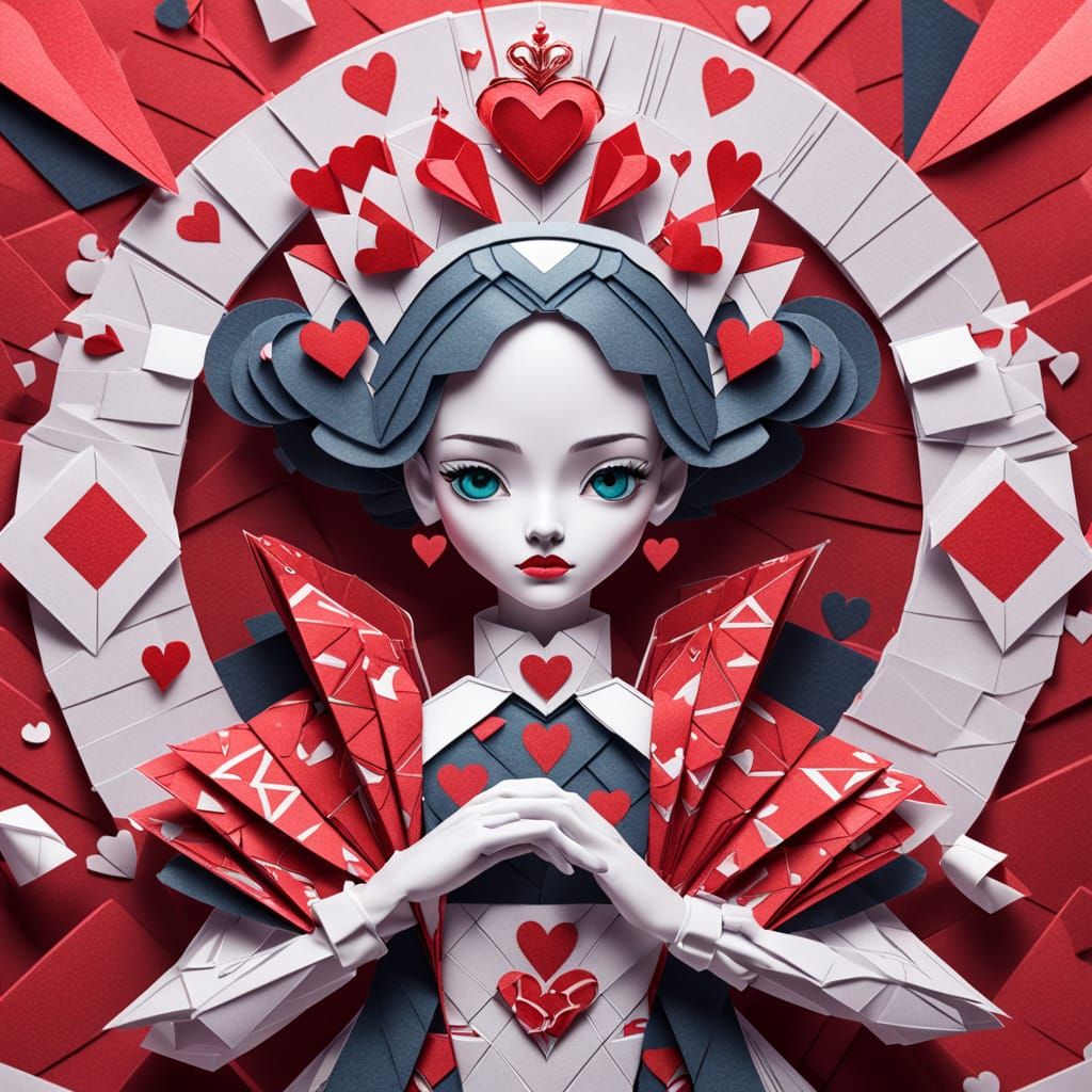 Futuristic Queen of Hearts in Papercraft Style