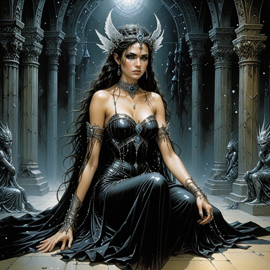 A lonely and depressed dark fairy queen, no wings, sitting i...