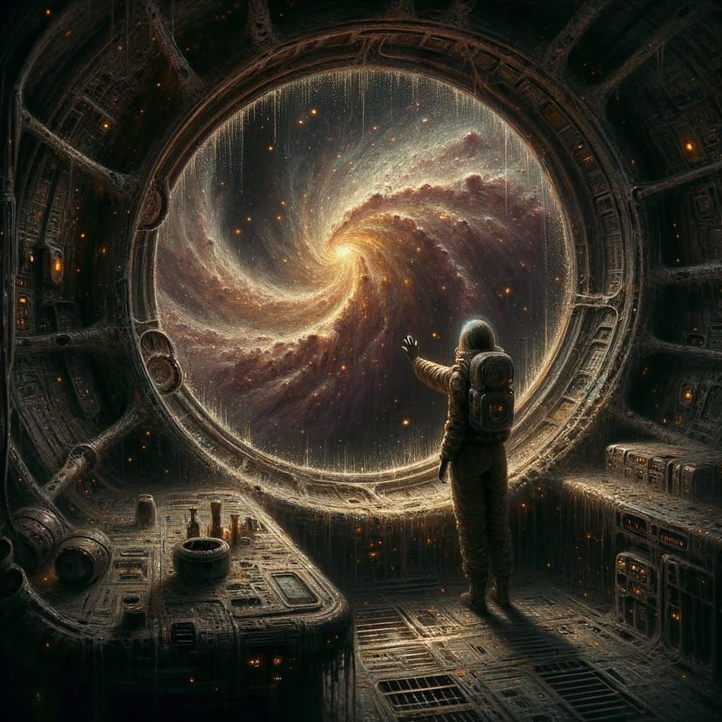 Astronaut Observes Nebula in Derelict Spaceship