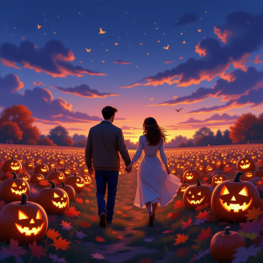 Couple in Pumpkin Patch at Twilight, Cartoon Style