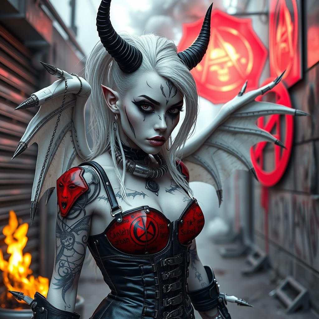 Cyborg Punk Woman with Demonic Features in a Fiery Alleyway