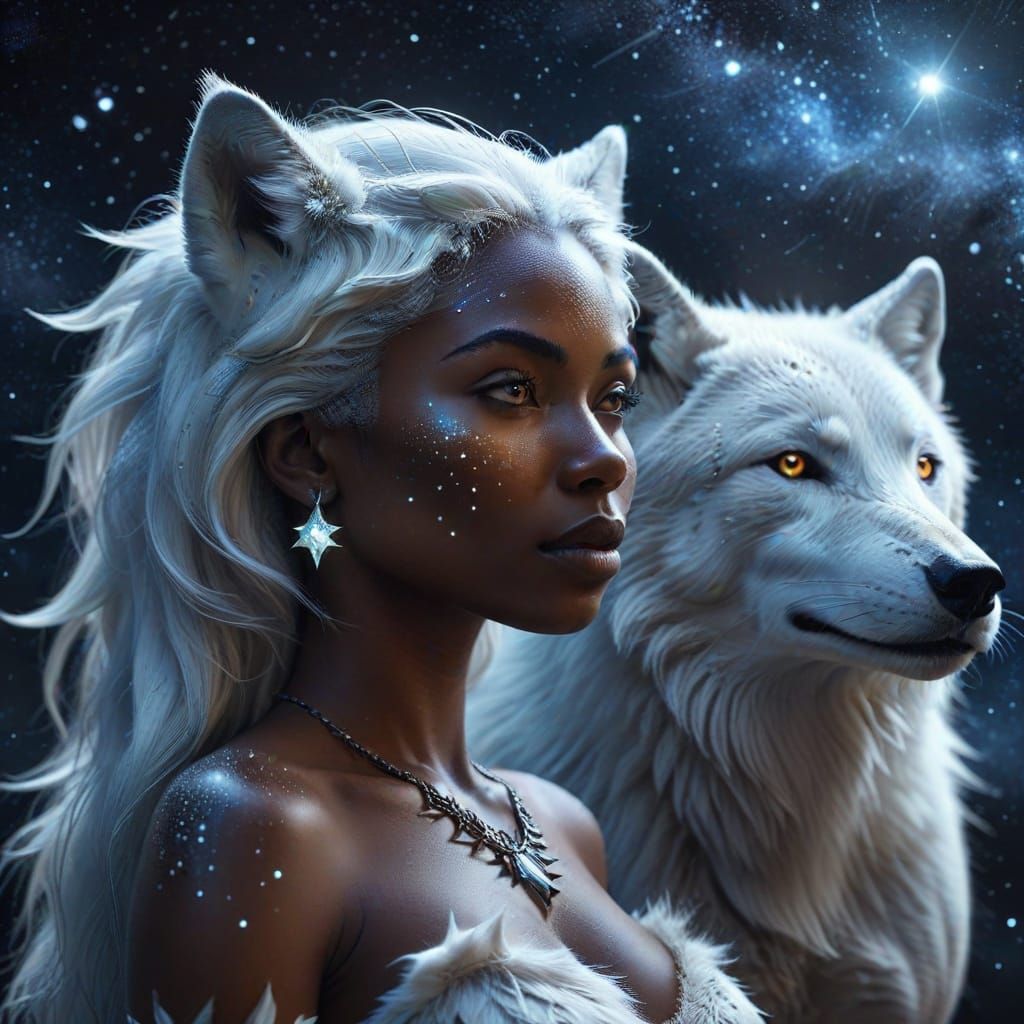 African Woman and White Wolf Under Starry Sky