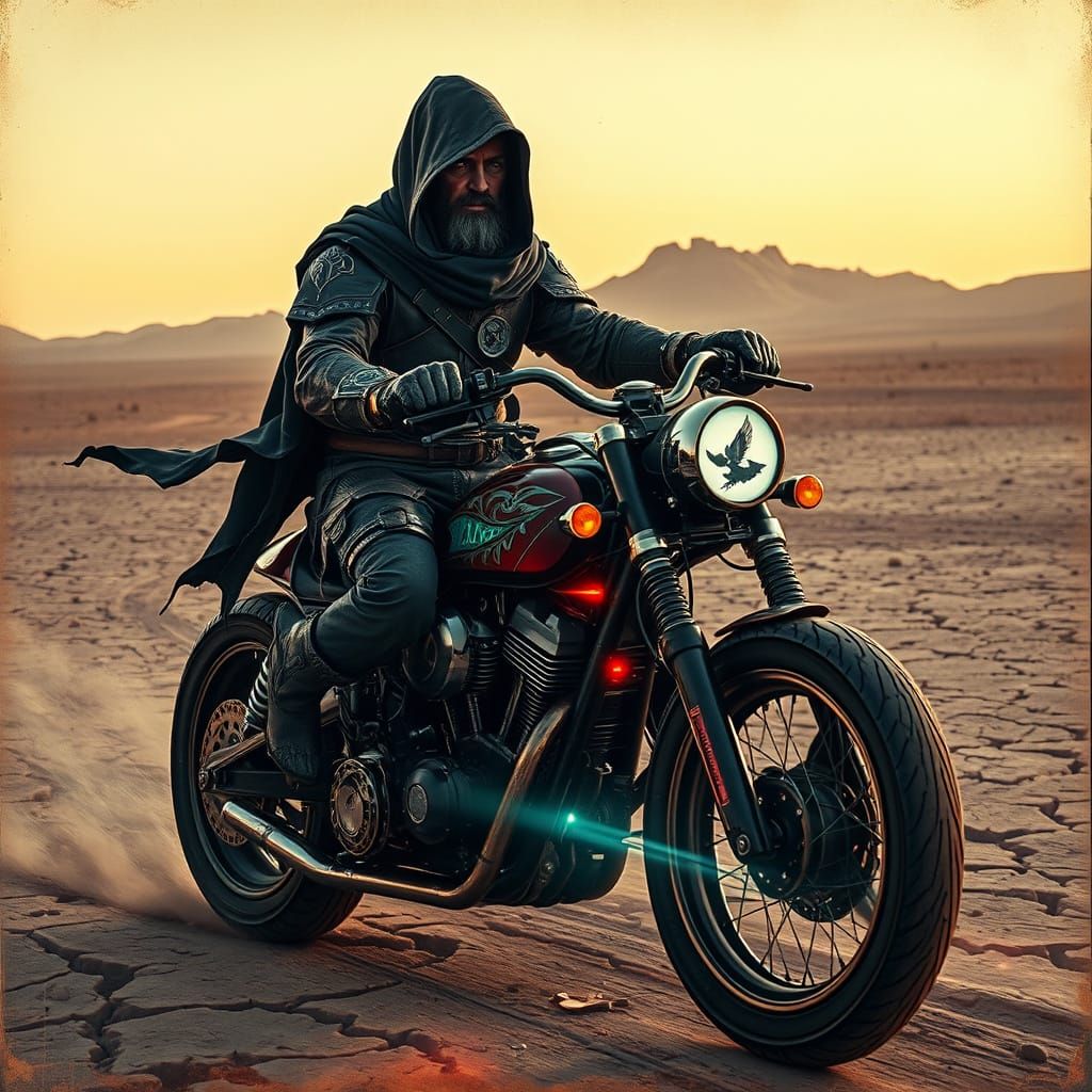 Weathered Rider in Desert Landscape, in a Gritty, Vintage St...