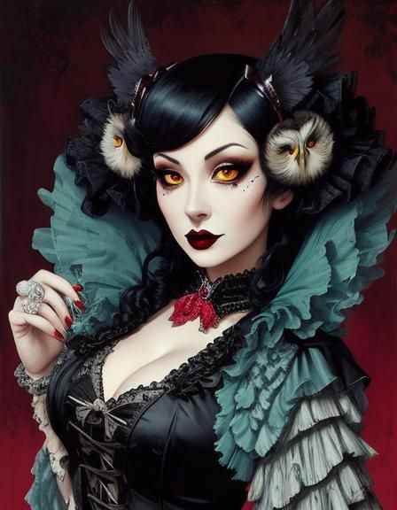 Owl Girl Pinup in Horrorcore Anime Style