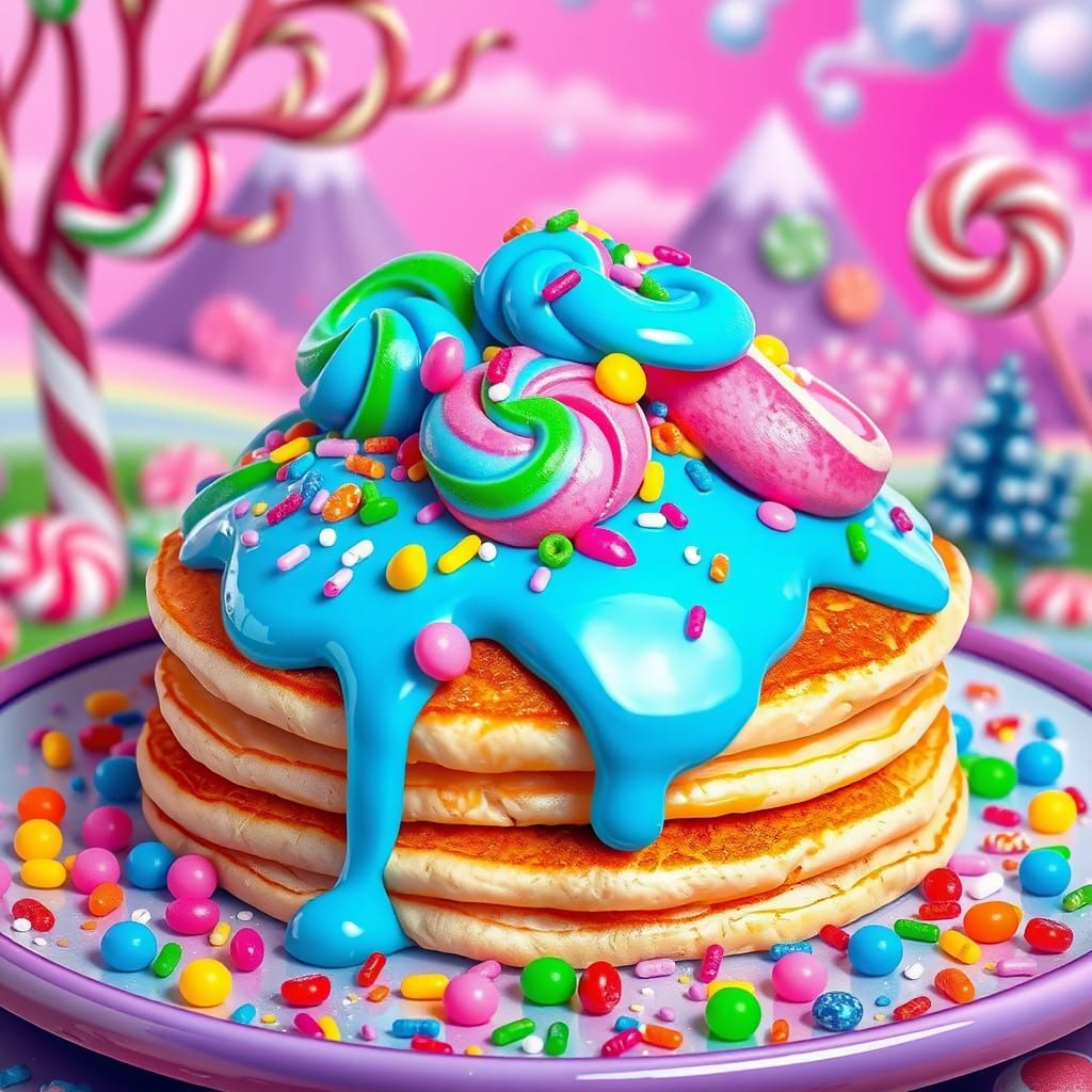Whimsical Candyland Pancake in Hyperrealistic Digital Art