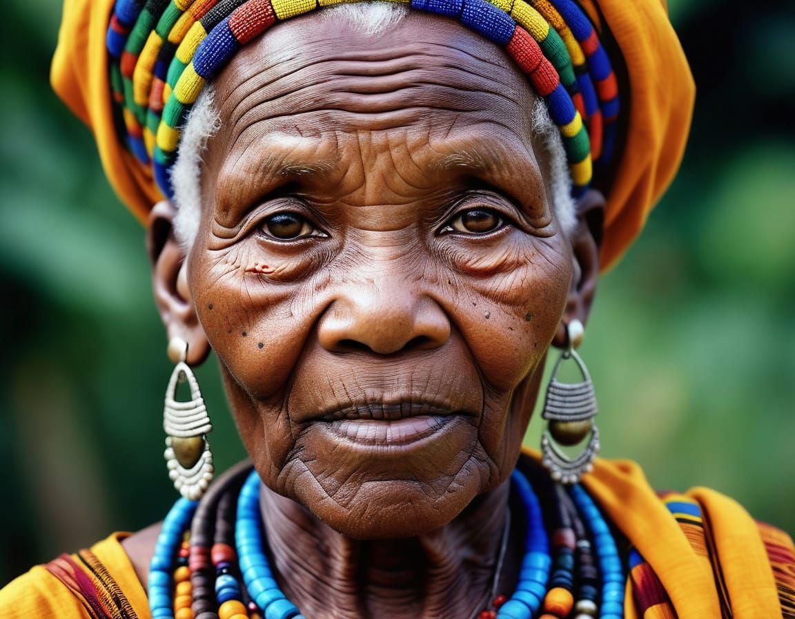 Wise Elderly African Woman in Traditional Garb