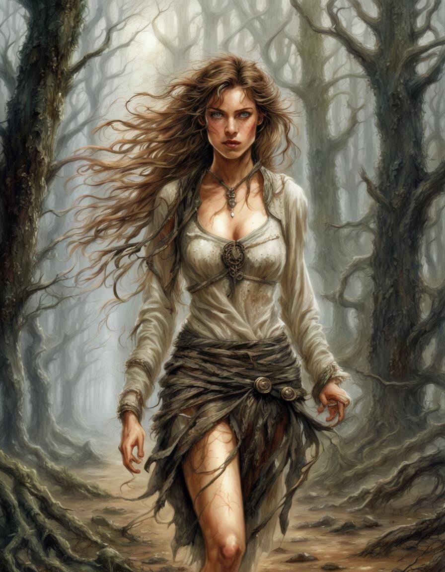 Freckled Girl in Sinister Forest, Hyperrealistic Fairytale