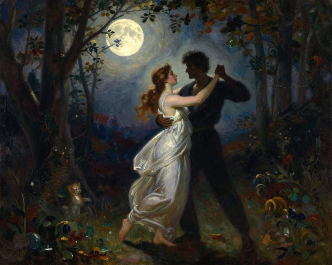 Oil Painting of Greek Couple Dancing Under Moonlit Sky