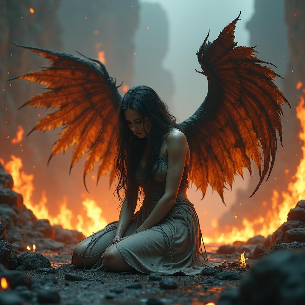 Fallen Angel Kneeling in Hellscape