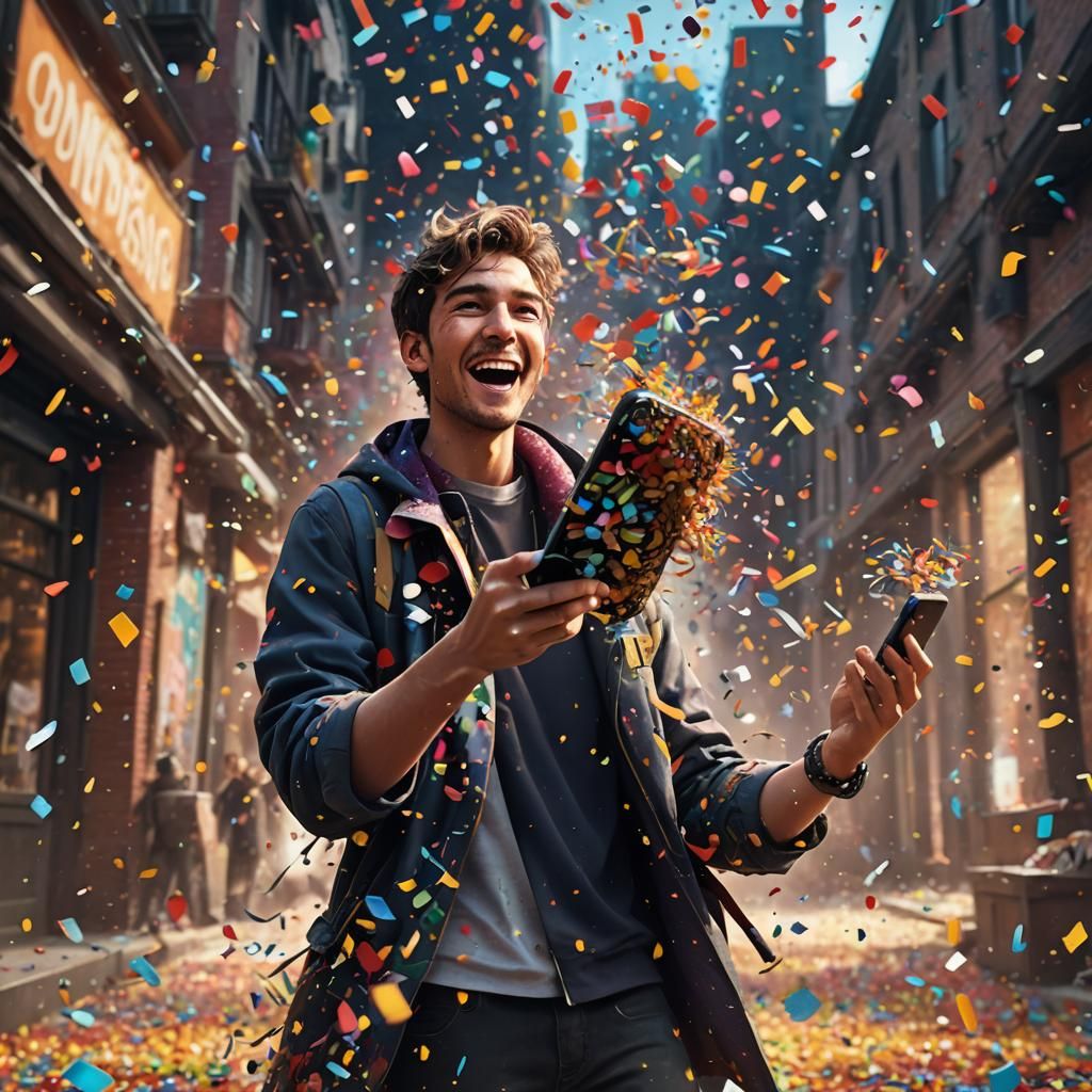 Excited Person with Phone in Confetti Explosion
