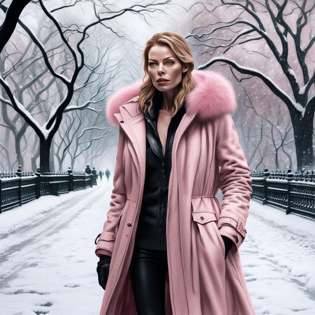 Woman in Pink Fur Parka in Snowy Central Park