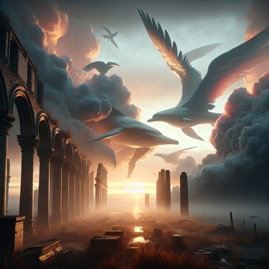 Romantic Ruin in a Melancholic Fog, with Majestic Aquatic Be...