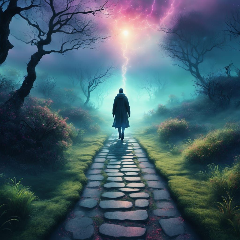 Dreamlike Wanderer on Mystical Pathways: Surreal Fantasy Art