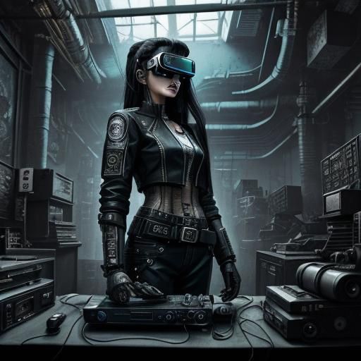 Cyberpunk Model with VR Goggles in Black and White