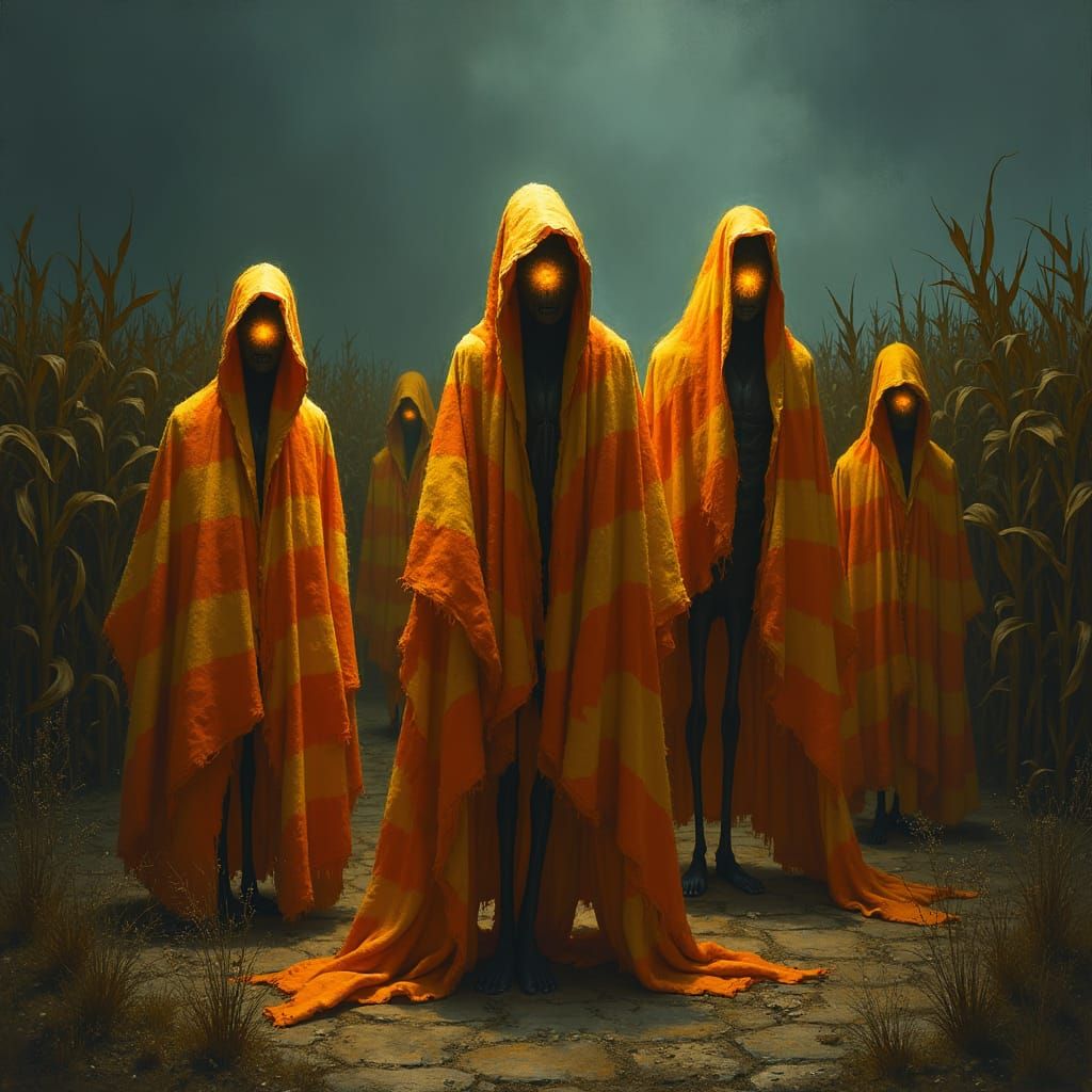 Eerie Candy Corn Figures in Dark Autumnal Landscape