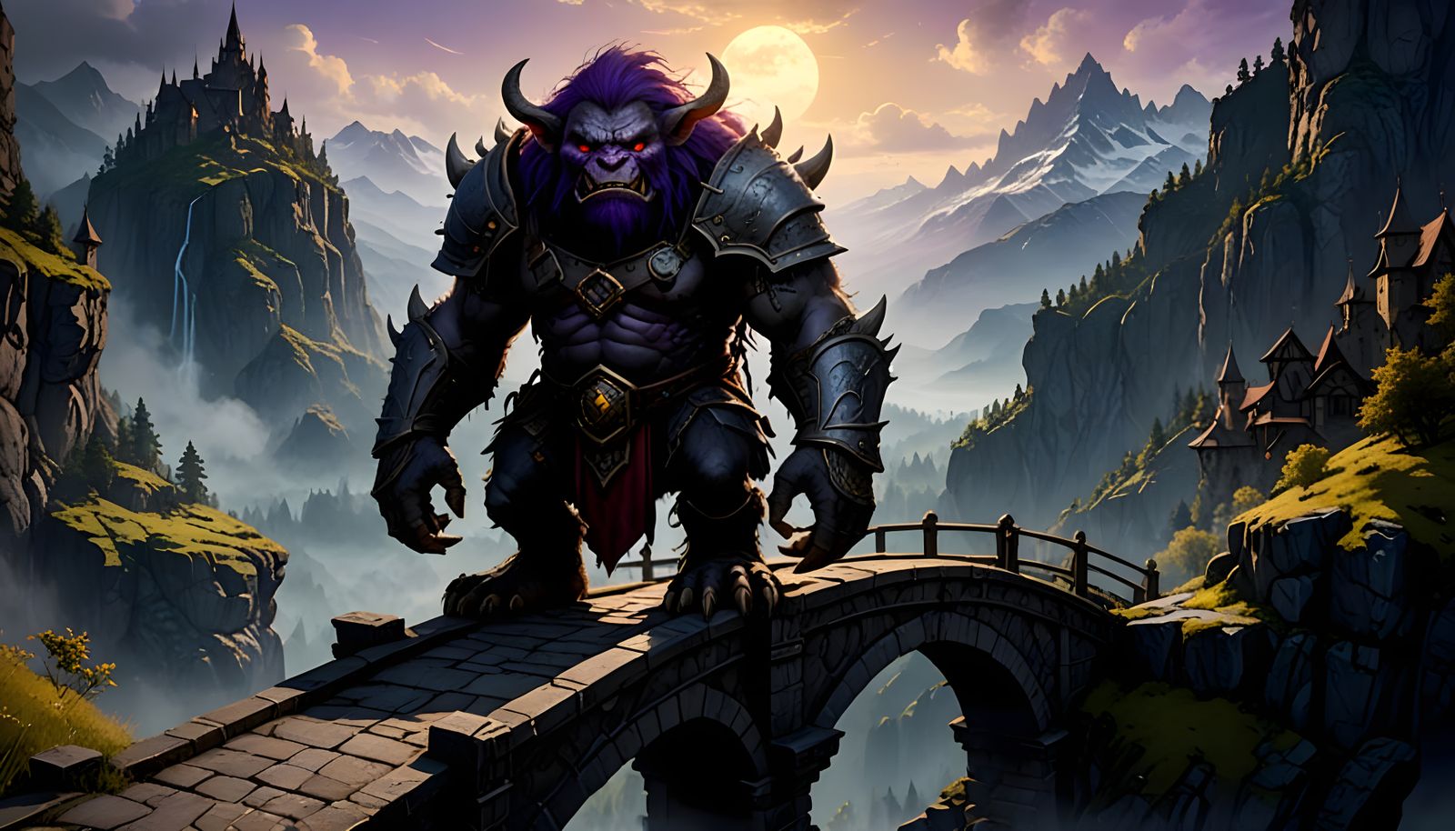 Menacing Bridge Troll in Dark Fantasy Watercolor