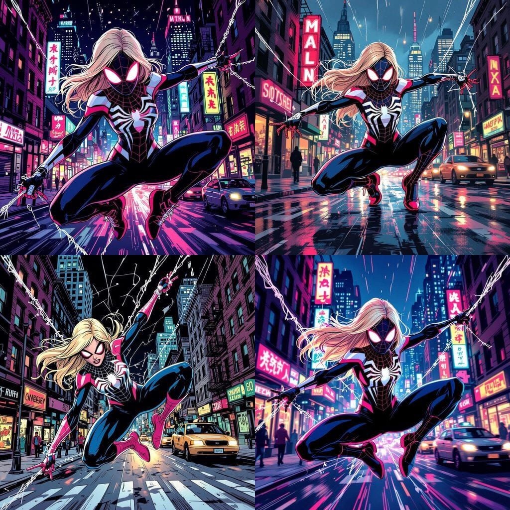 Ghost-Spider Gwen Stacy Web Slinging Through New York Street...