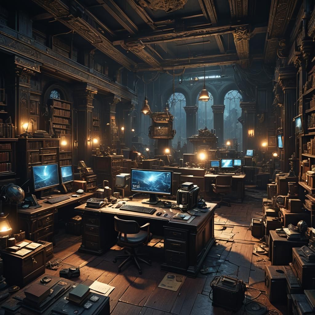 Modern Office Scene in Dark Fantasy Style