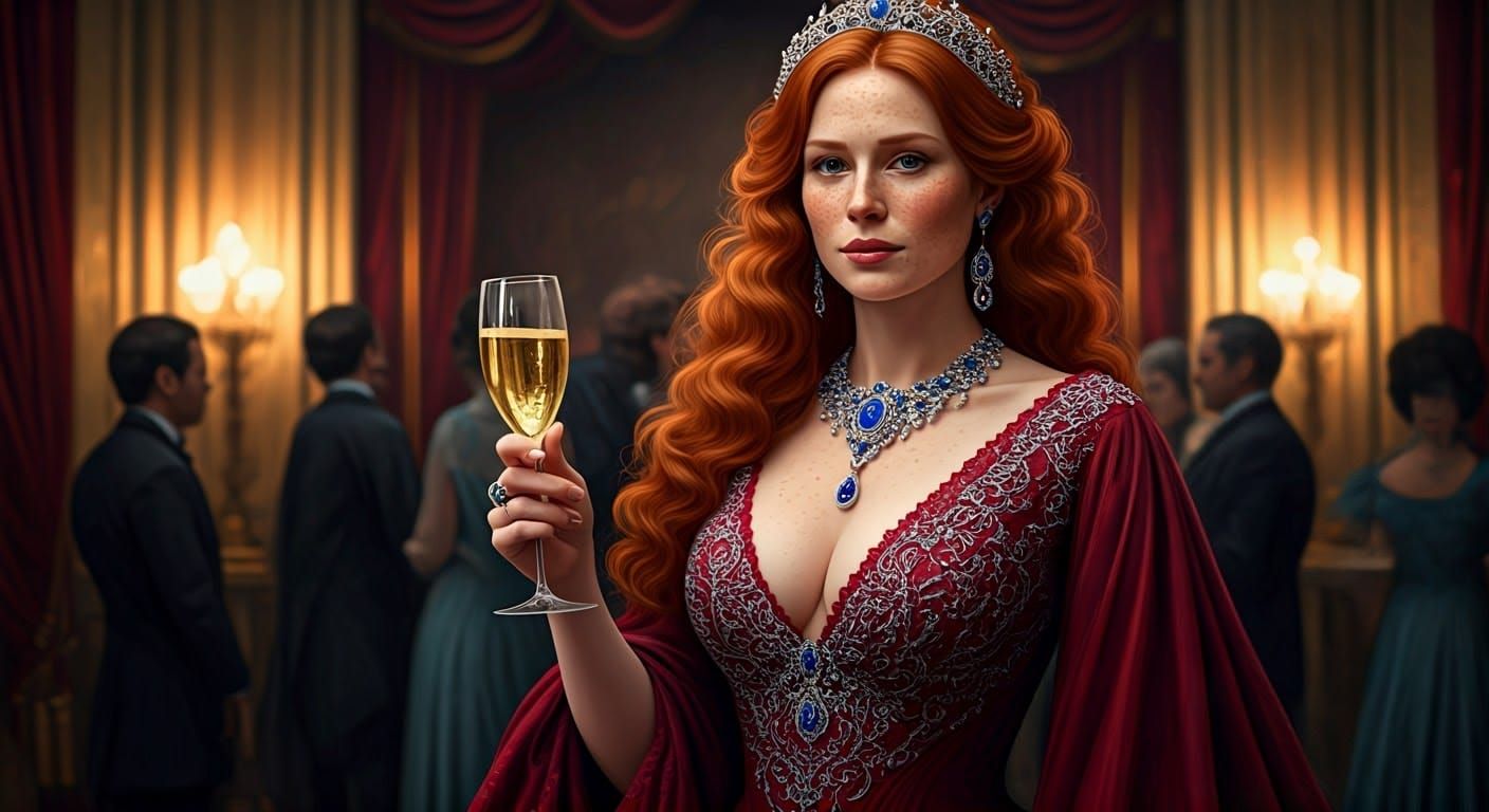 Hyper-realistic image of a freckled redhead woman wearing an...