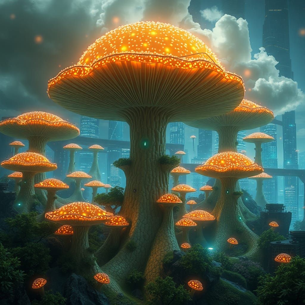 Bioluminescent Fungal Metropolis: Organic Cyberpunk Cityscap...