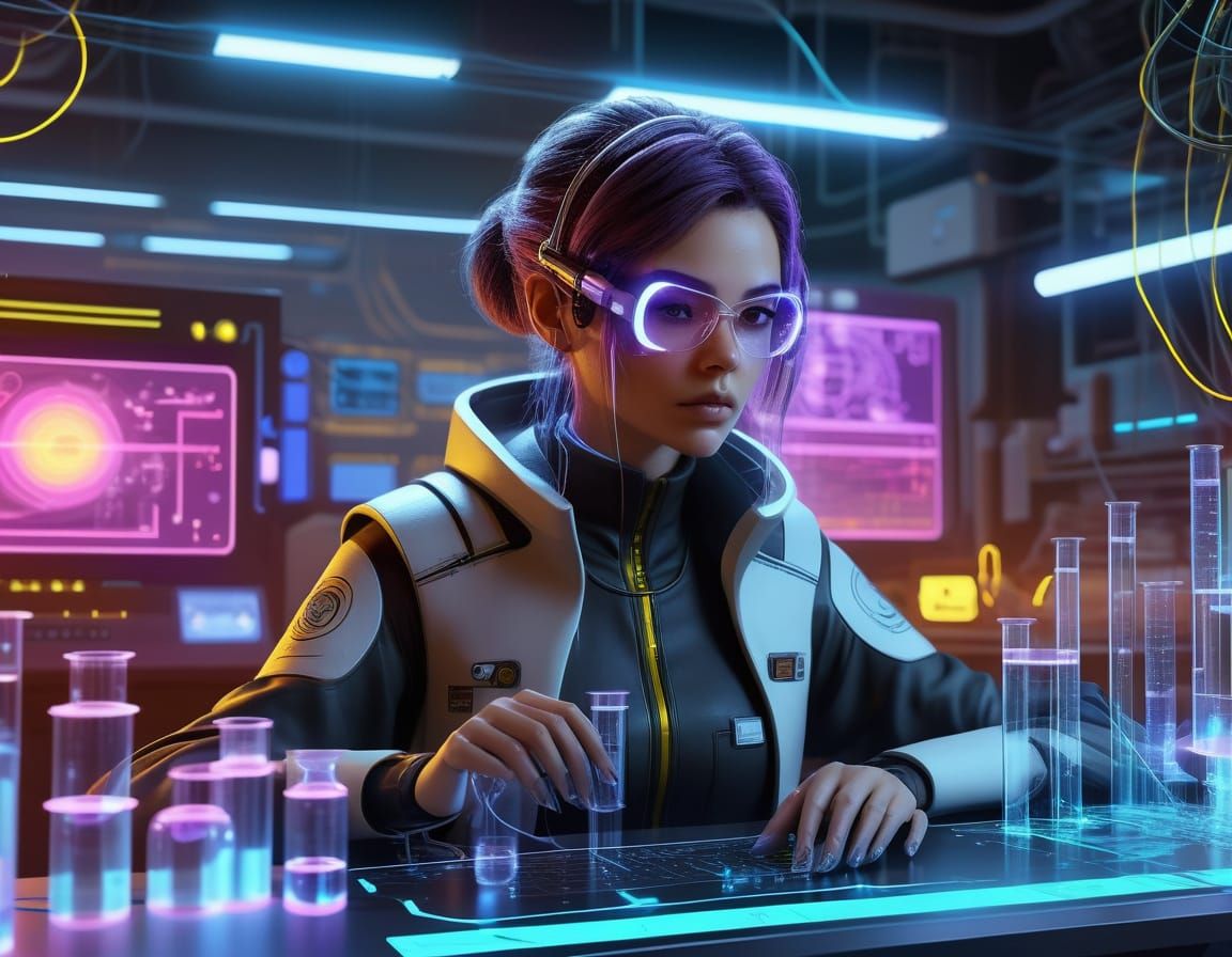 Hyperrealistic Cyberpunk Scientist in a Futuristic Lab