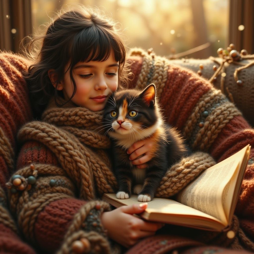 Cozy Girl Reading with Cat in Golden Light