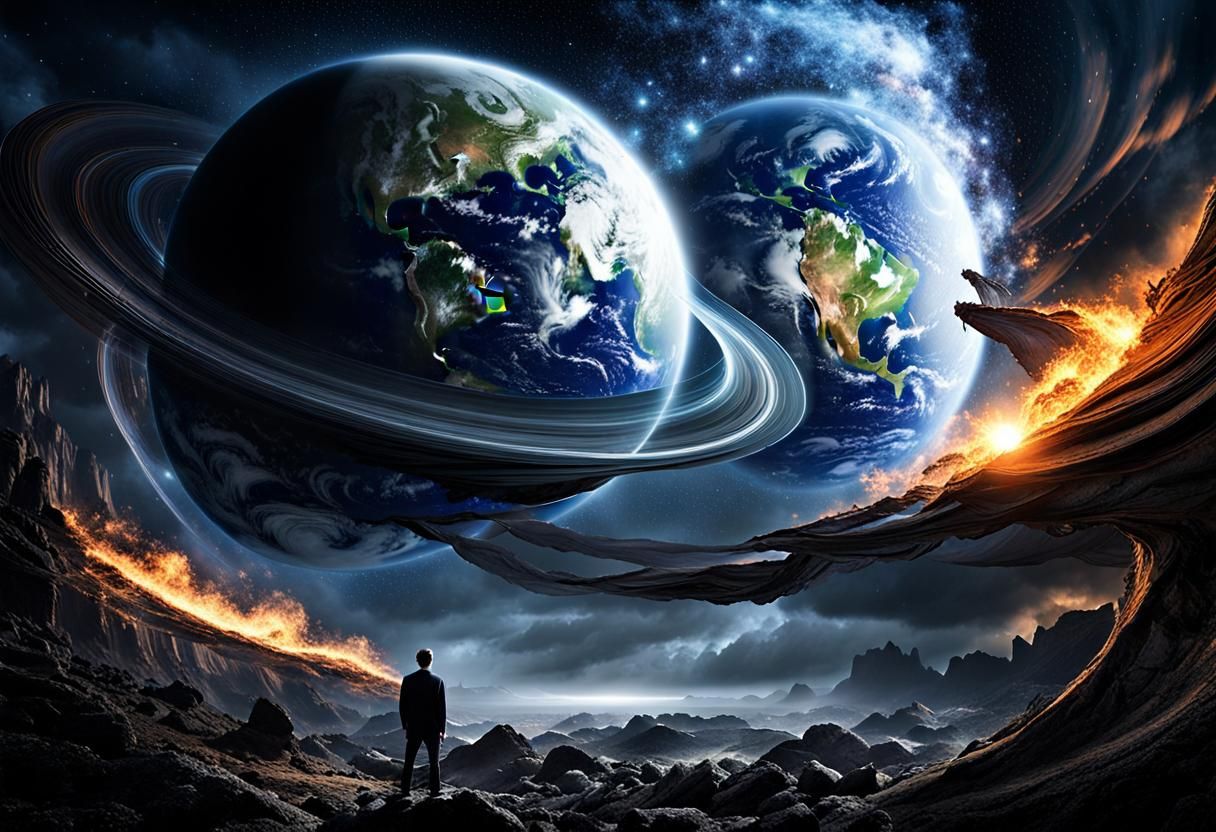 Planets Rise Over Fiery Landscape