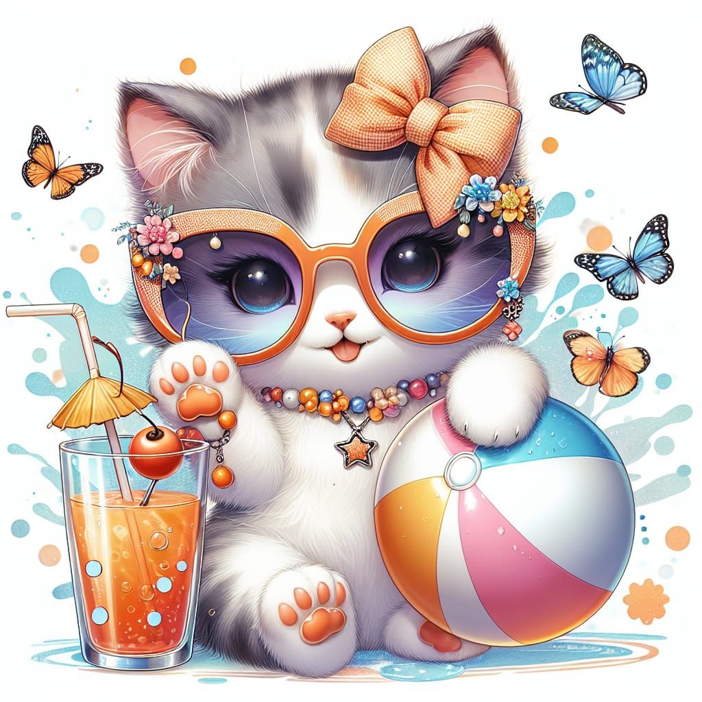 Chic Cat Character Embraces Summer Fun
