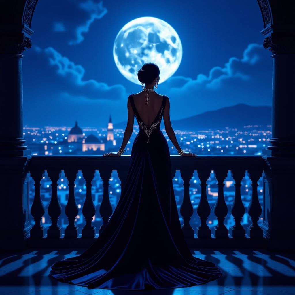 Elegant Woman on Balcony Overlooking Moonlit City