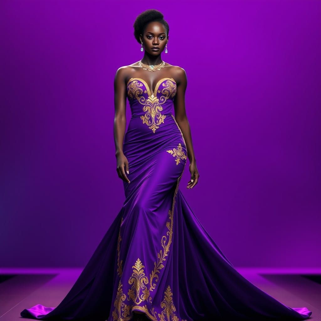 Glamorous Ebony Model Wears Royal Purple Evening Gown on Run...