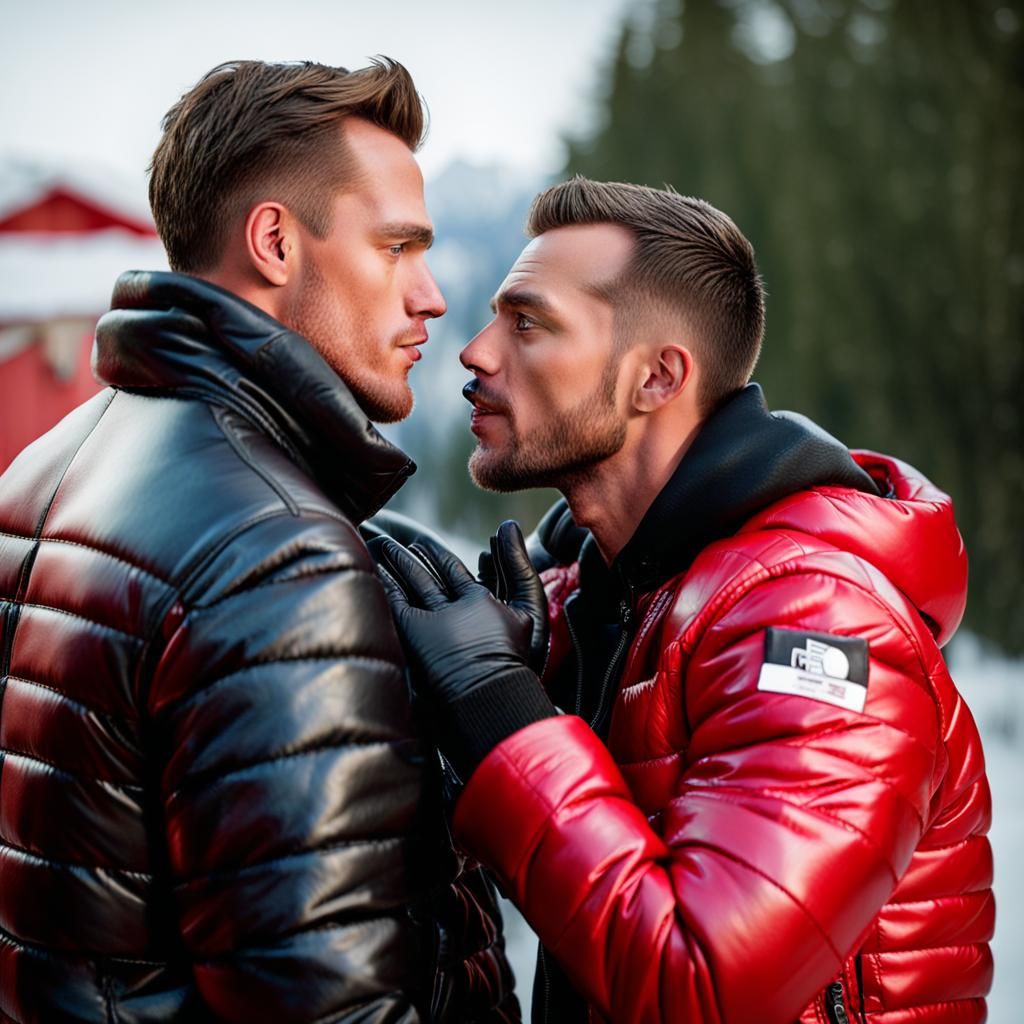 Gay Bikers Kissing in Leather and Puffer Jackets