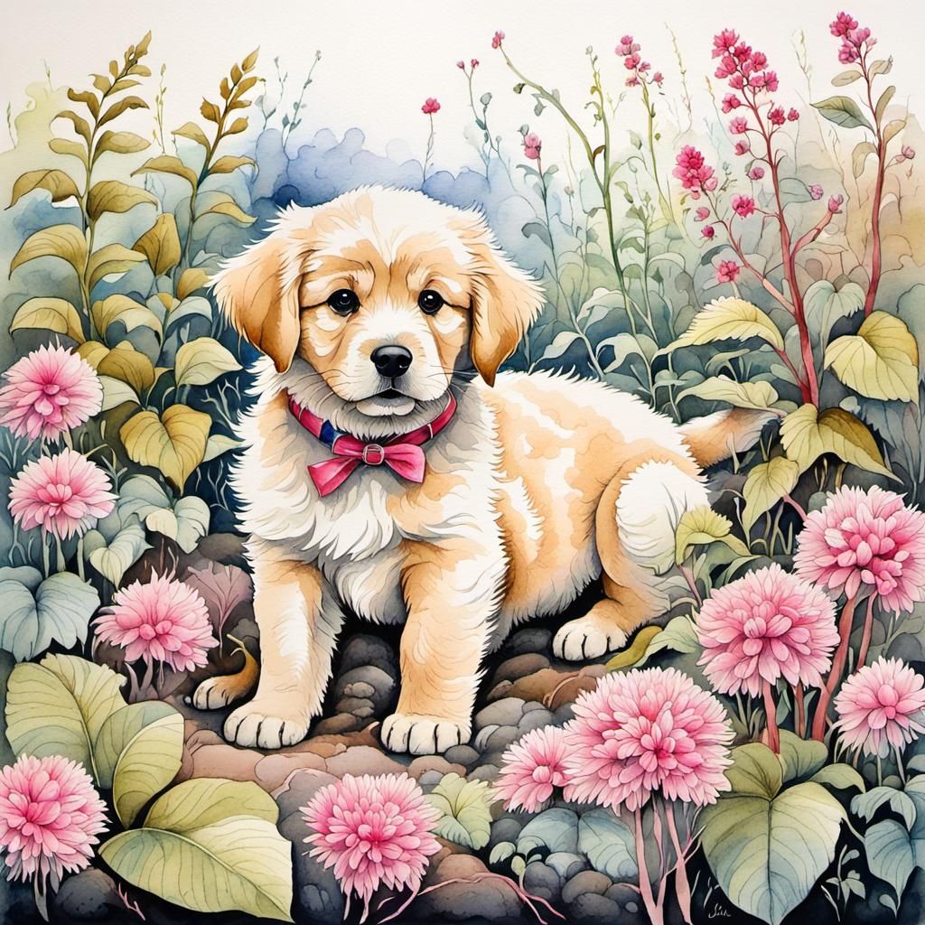 Adorable Golden Puppy with Pink Flowers, Watercolor Style