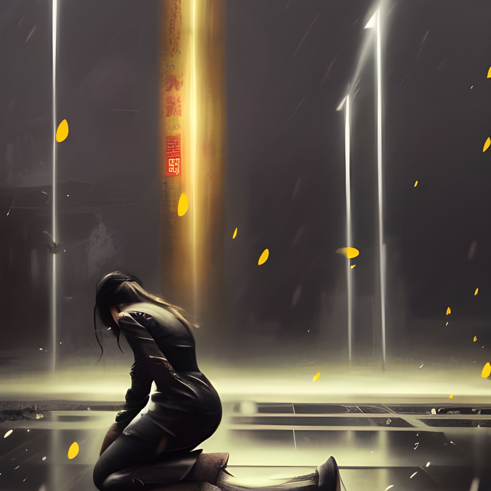 Hyperrealistic Manga Girl in Banksy-Style Rain