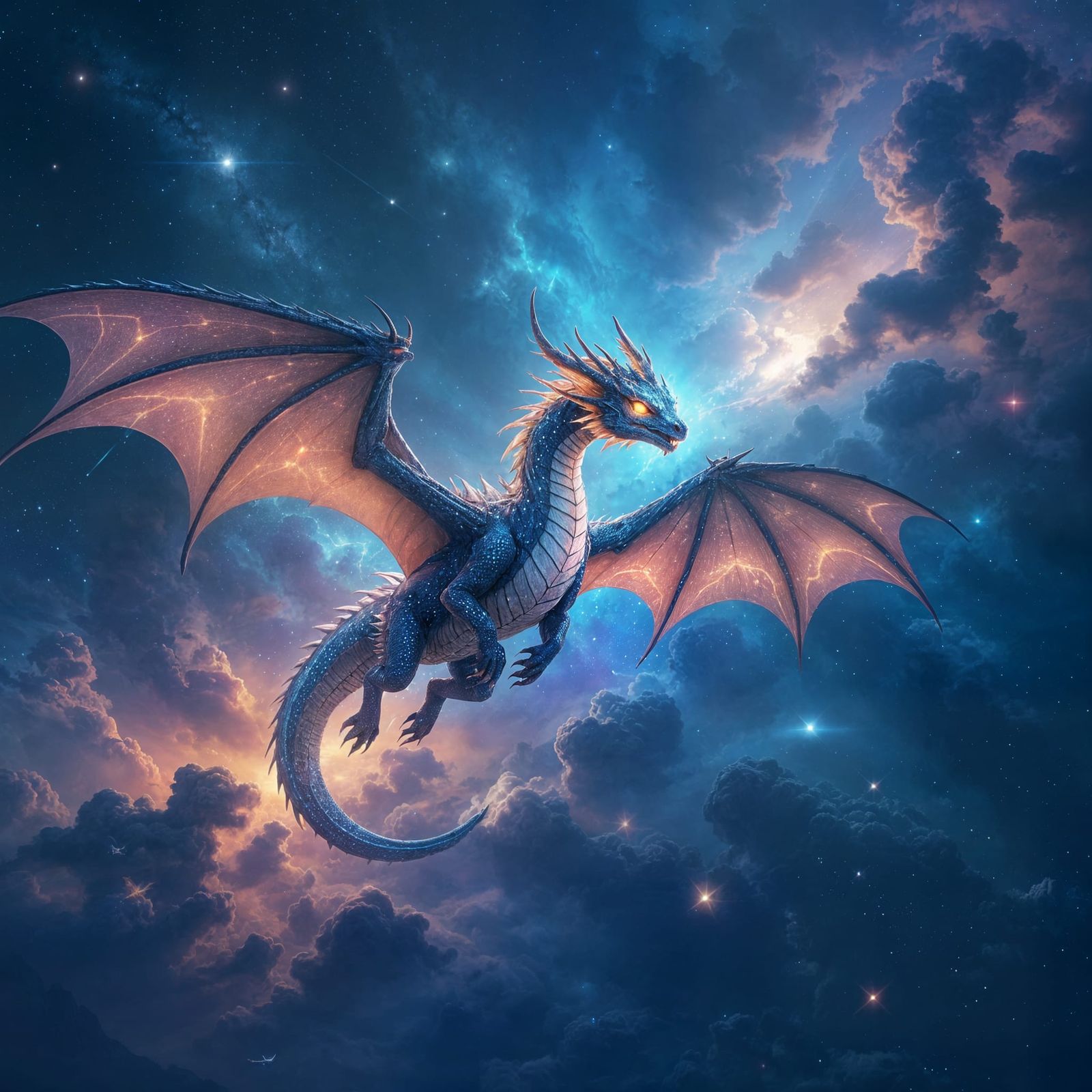 Bioluminescent Dragon Soaring Through Cosmic Nebula
