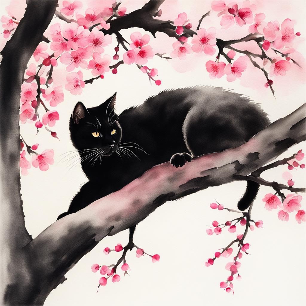 Black cat in blossom tree