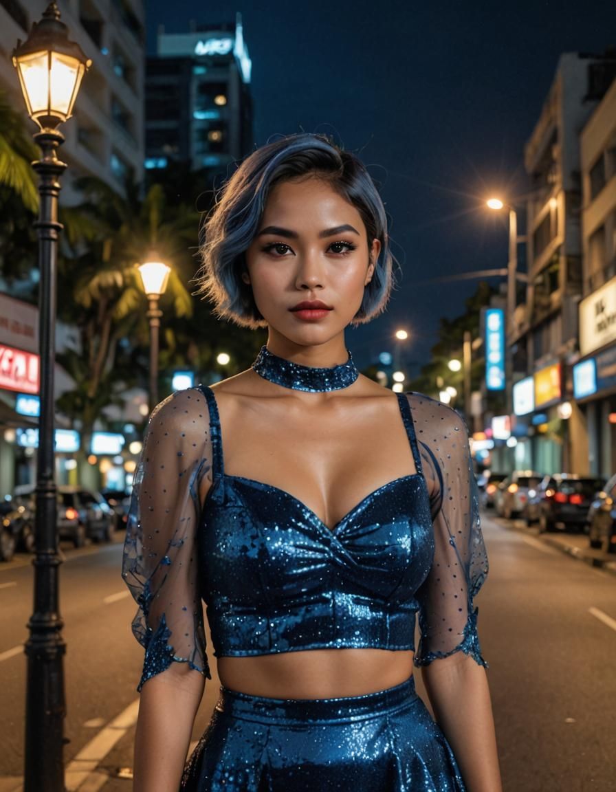 Tropical Cityscape at Night with Young Woman