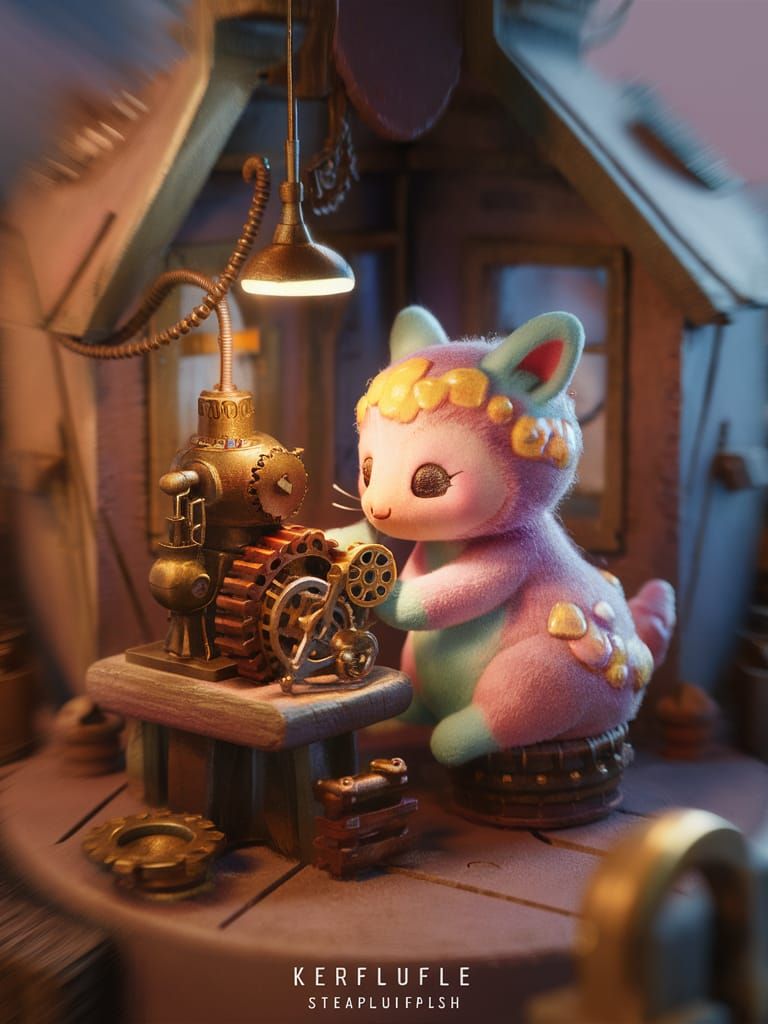 Kerfluffle's Steampunk Workshop: A Whimsical Pastel Scene