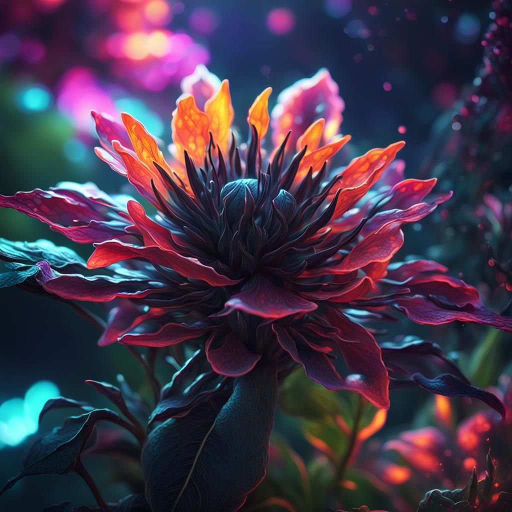 Black Blossom Plant in Neon Fantasy Style