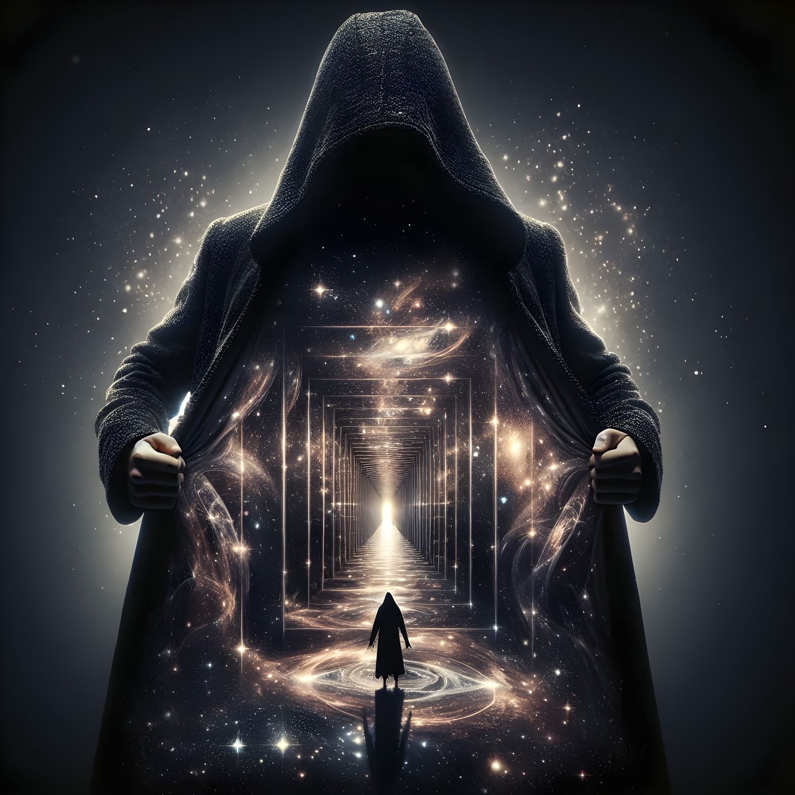 Enigmatic Figure Reveals Infinity in Starry Cloak