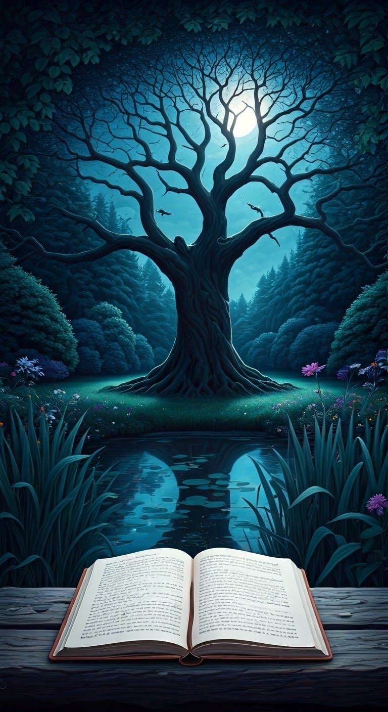 Moonlit Garden with Ancient Tree in Surrealist Style