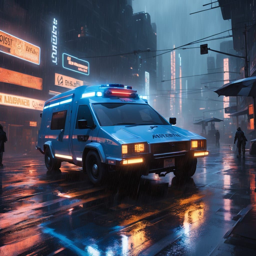 Gritty Cyberpunk Ambulance Speeds Through Rainy City Streets