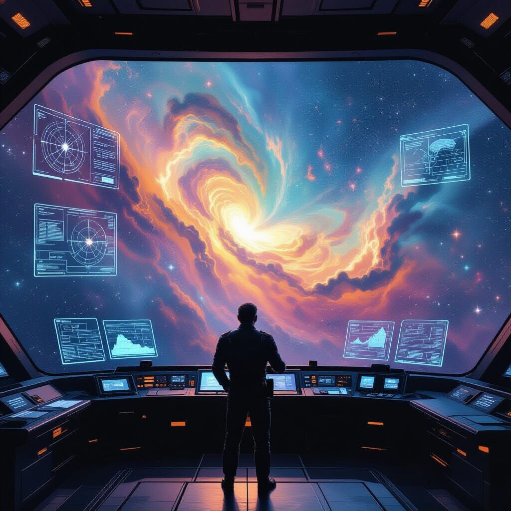 Space Captain Views Nebula From Starship Bridge