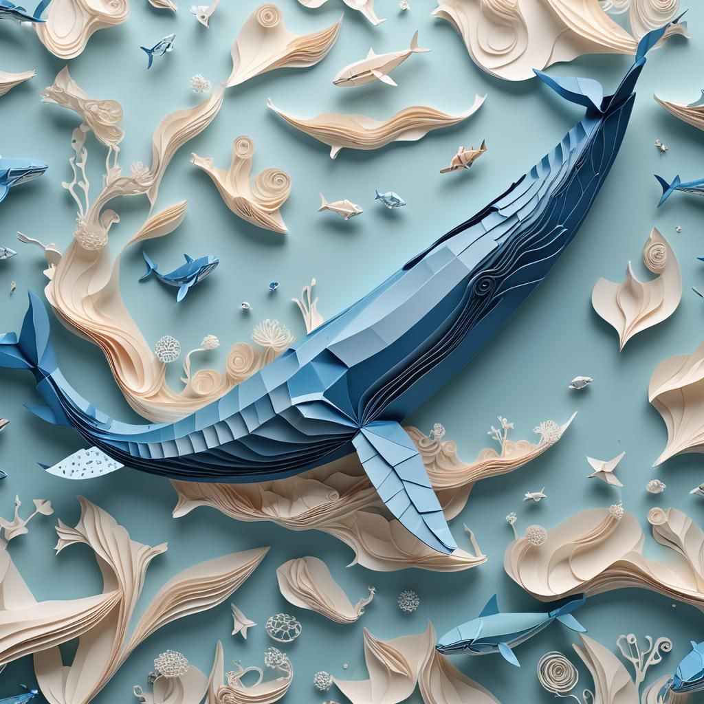 Blue Whale Underwater in Delicate Papercraft Style