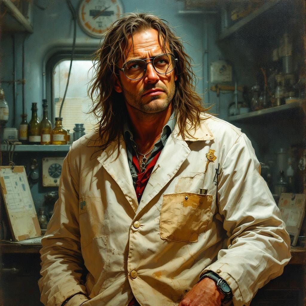Post-Apocalyptic Scientist in Retro Lab, Oil Painting